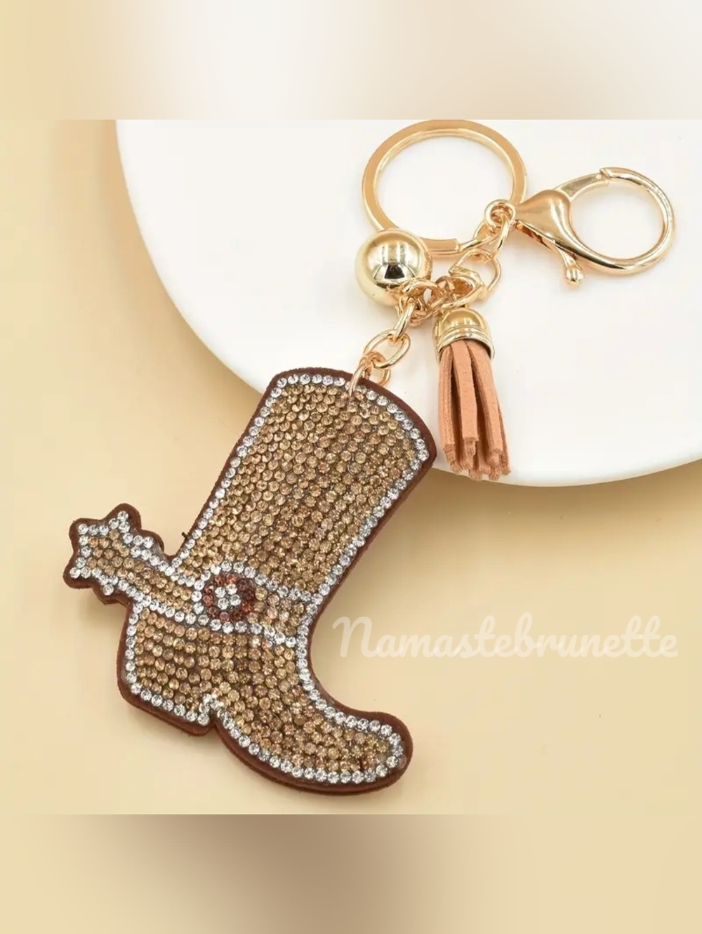 Western Boot Crystal Rhinestone Keychain Bag Charm With Tan Tassel